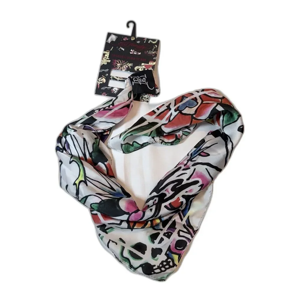 Ed Hardy Y2K Skull Butterfly Roses Logo Print Scarf NWT